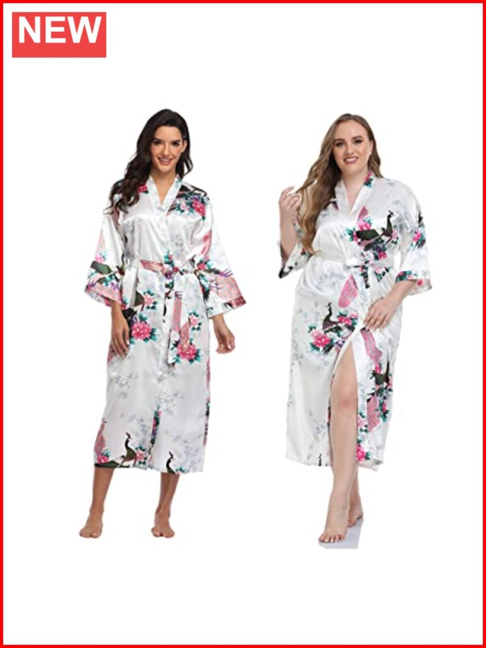 Silk Kimono Robe Long Floral Satin Peacock Blossoms Sleepwear